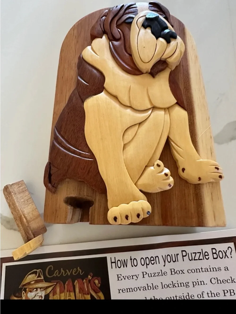 Handcrafted Wooden Dog Puzzle Box - Natural & Dark Wood